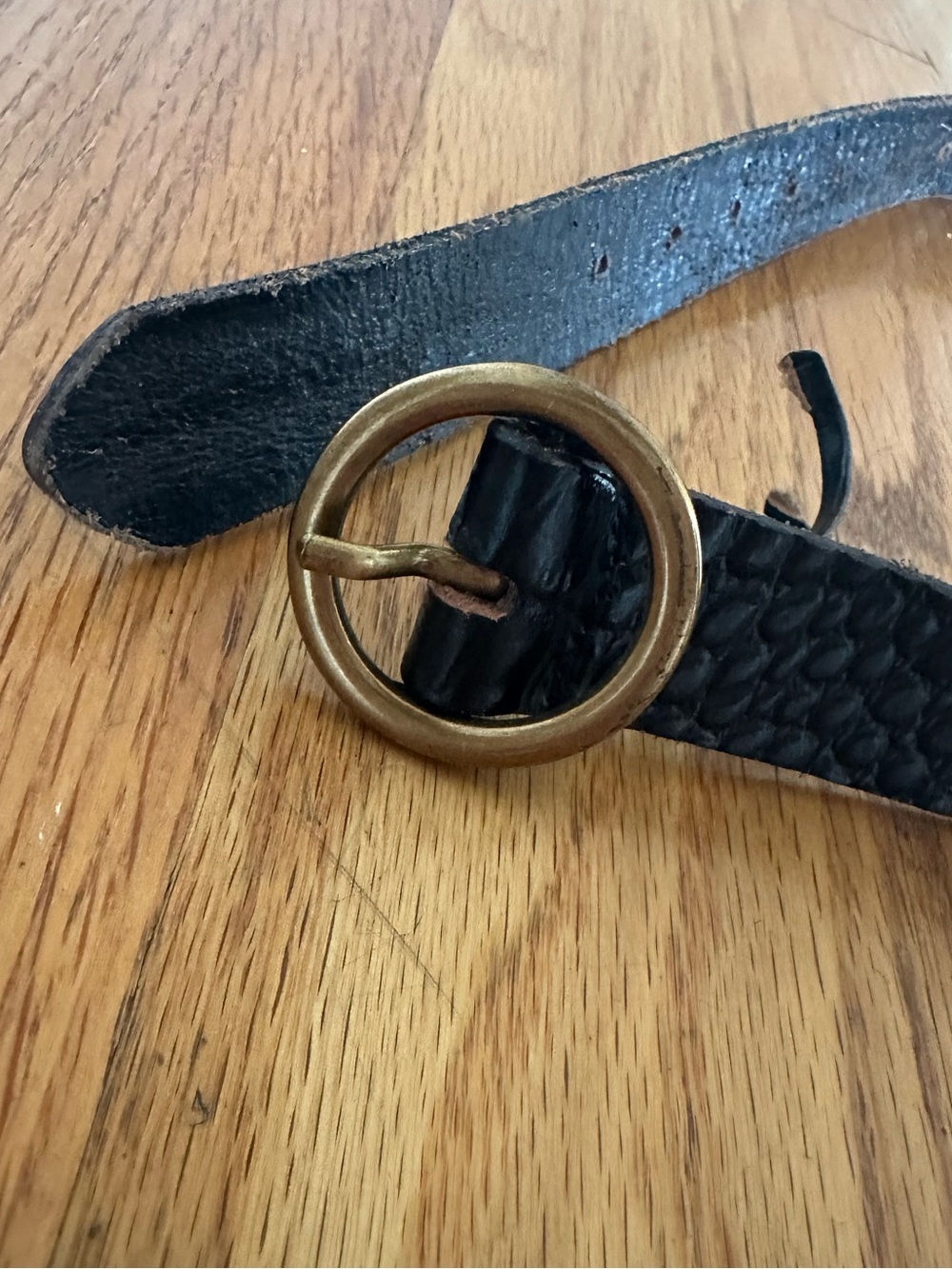 Urban Outfitters Black Croc Embossed Leather Belt with Brass Tone Circle Buckle